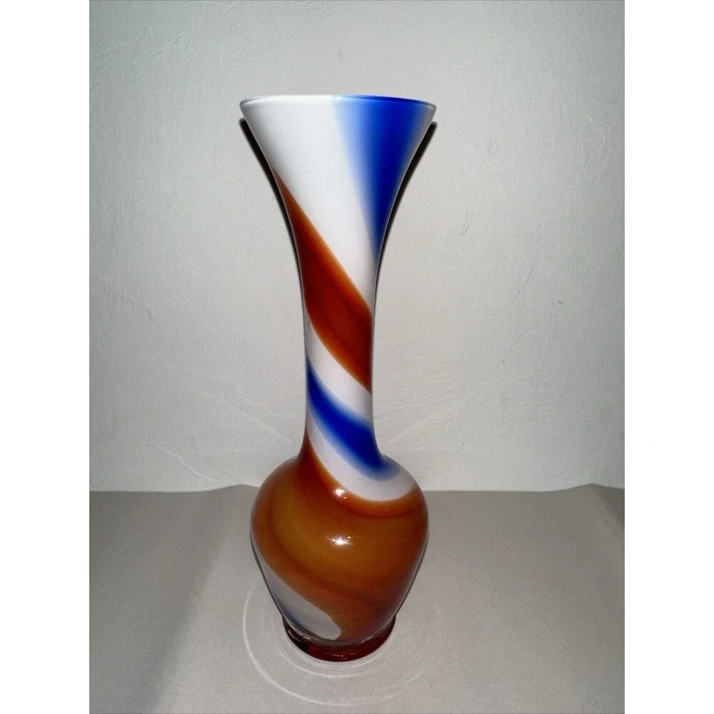Vintage Orange Blue White Swirled Art Glass Vase  8